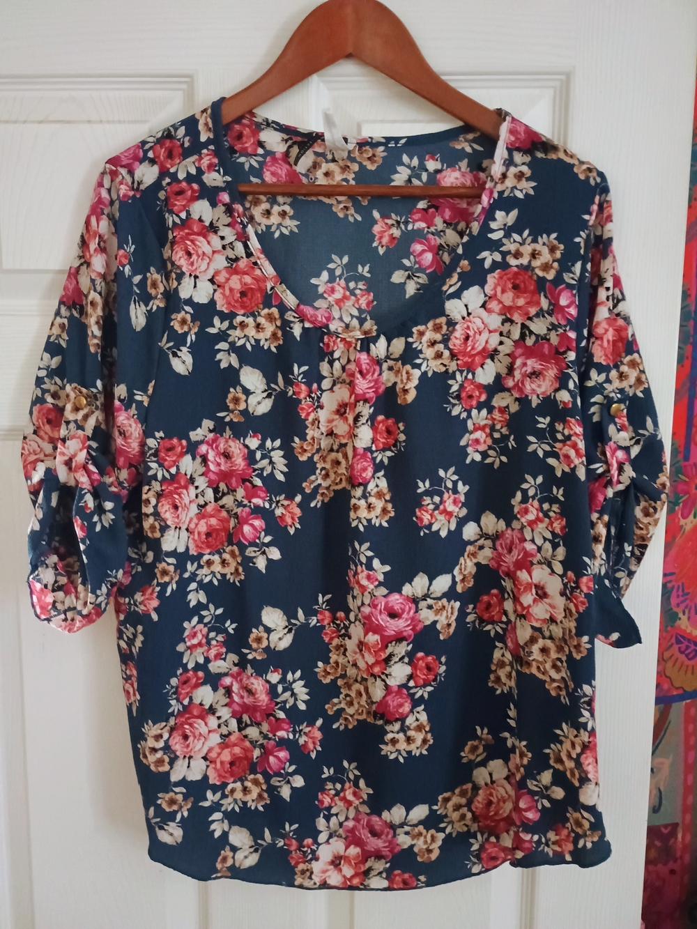Moon Collection Navy Floral V-Neck Blouse with Pink Roses